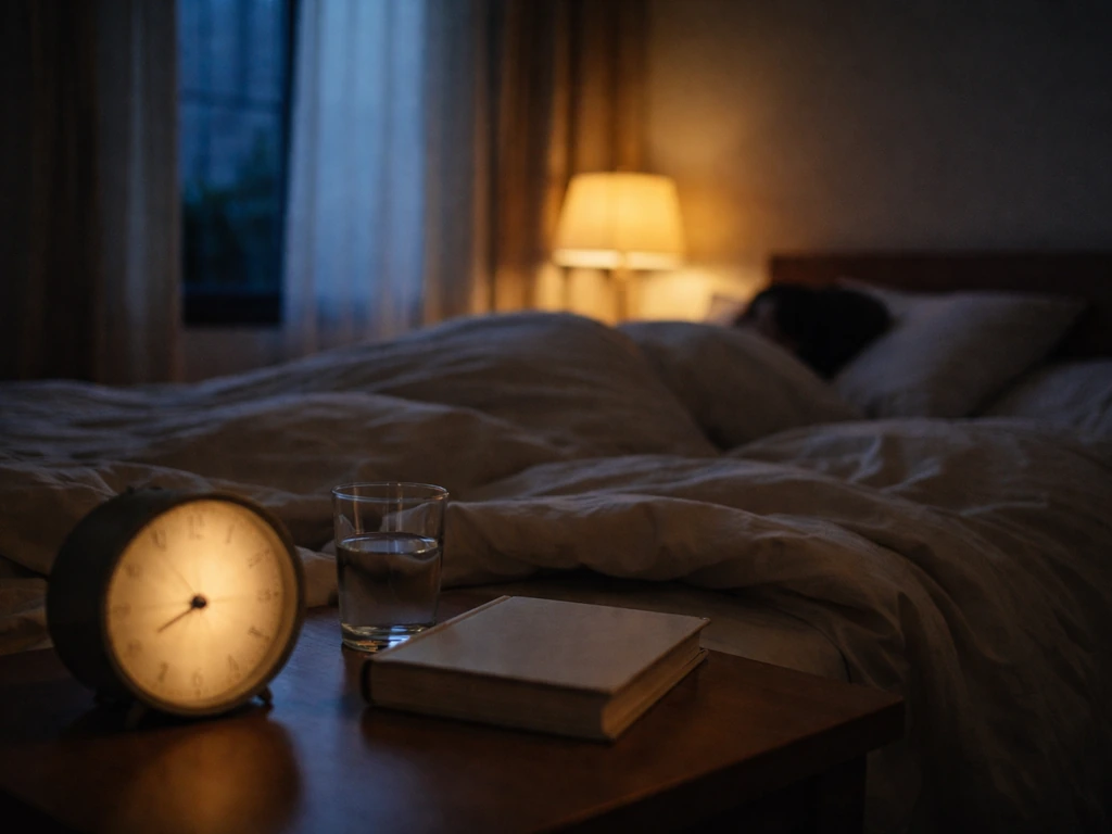 Quiet bedroom at night with an alarm clock glow and a restful, covered sleeper under warm light.
