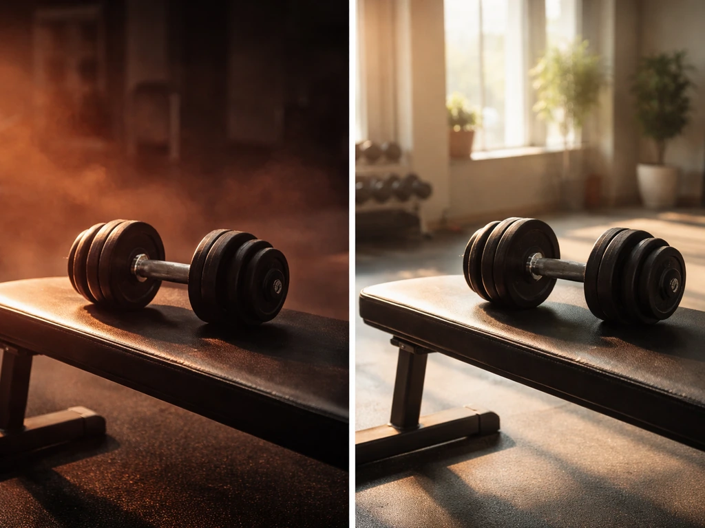 Minimal split-scene of dumbbell rack showing immediate workout pump vs subtle long-term muscle growth cues