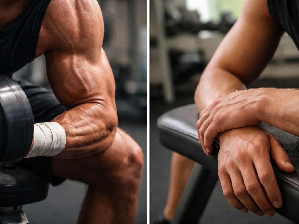 Two-frame close-up: arm pump during a dumbbell set, then arm tightness at rest days later.