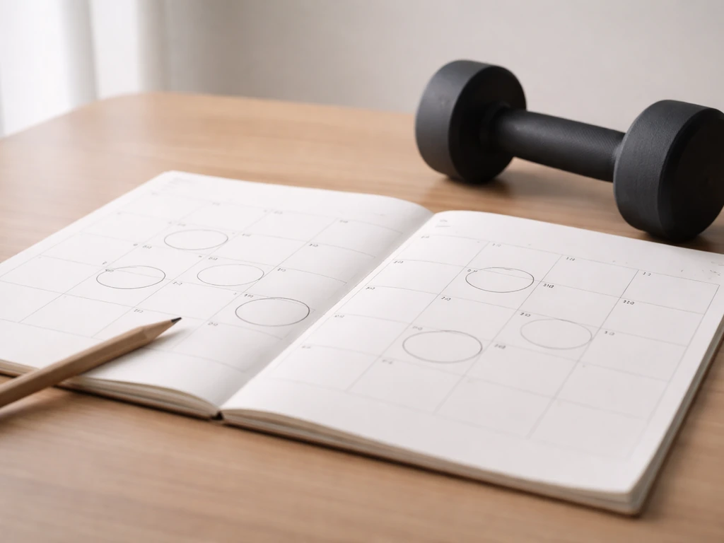 Minimal calendar page with highlighted dates and a simple dumbbell on a desk