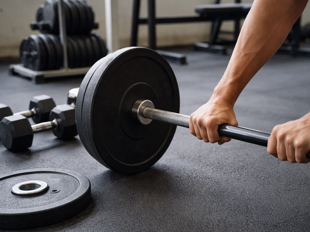 Hands holding a barbell in a quiet gym, with dumbbells and weight plates suggesting increasing training load.