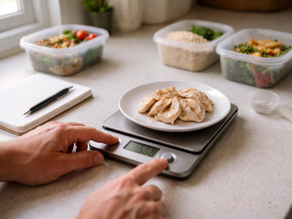 Person weighing cooked chicken on a kitchen scale next to prepared meal containers