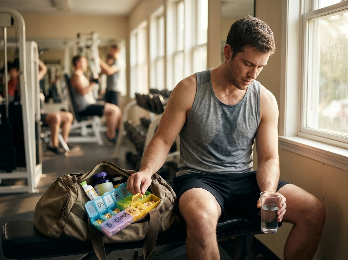 Vitamin D3 and B-complex supplements prepared after training for recovery support.