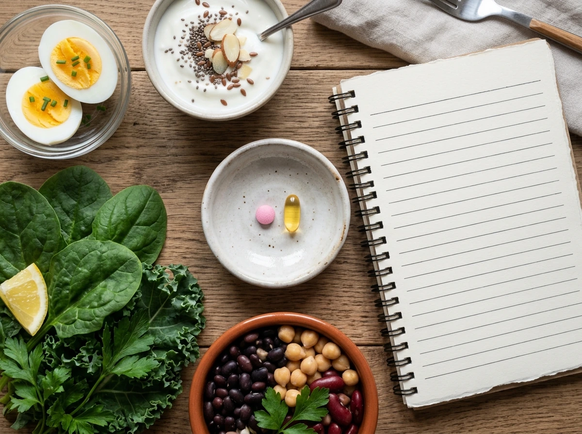 B12-focused vitamin supplement beside foods and leafy greens as B-vitamin sources.