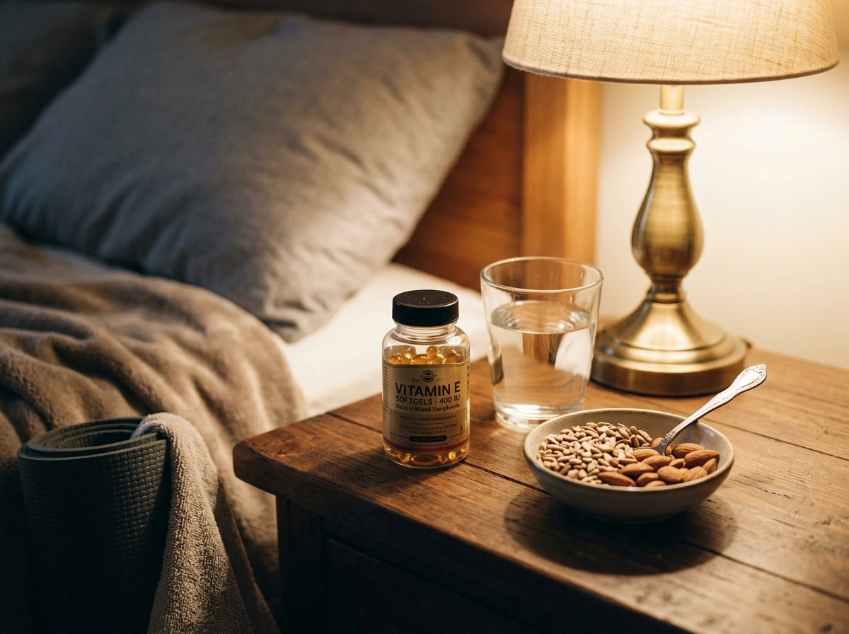 Vitamin E softgels with nuts/seeds and water for antioxidant support during recovery.