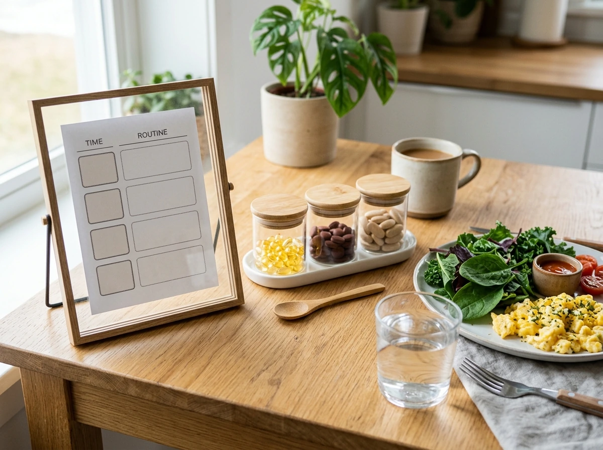 Morning supplement checklist layout with breakfast to start an evidence-based plan.