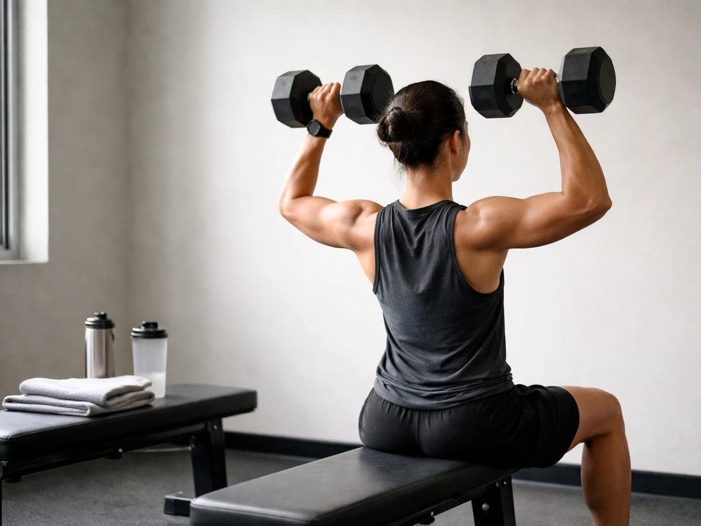 Anonymous athlete performing dumbbell shoulder press in a minimalist gym, with towel and water bottle nearby.