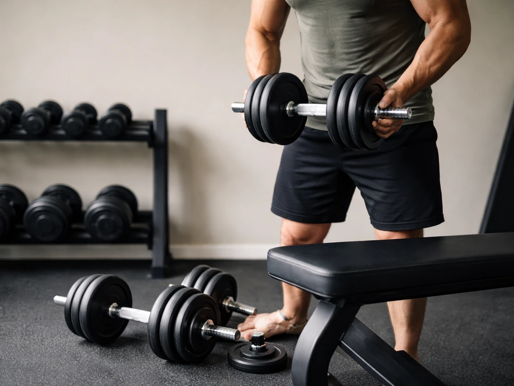 Anonymous lifter adding weight plates to dumbbells on a bench in a quiet home gym