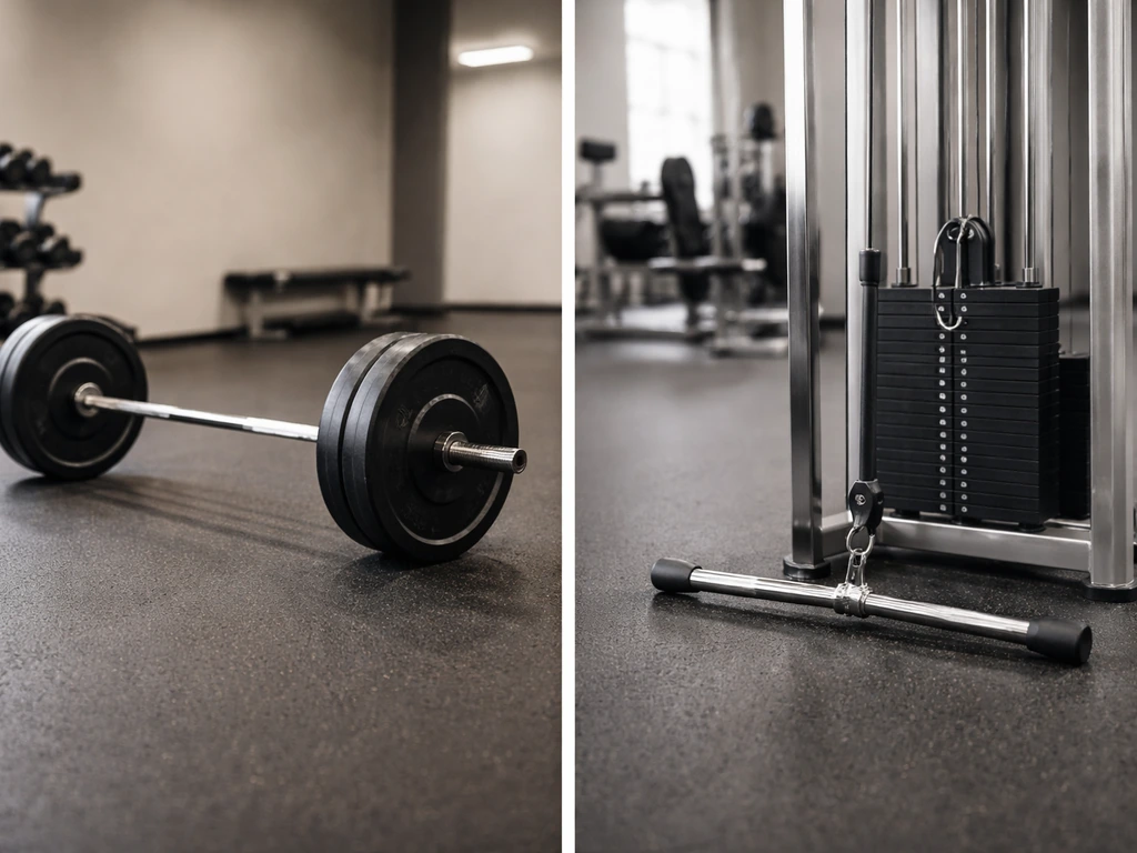 Side-by-side gym setups: barbell for heavy lower reps and a cable machine for higher reps, no people.