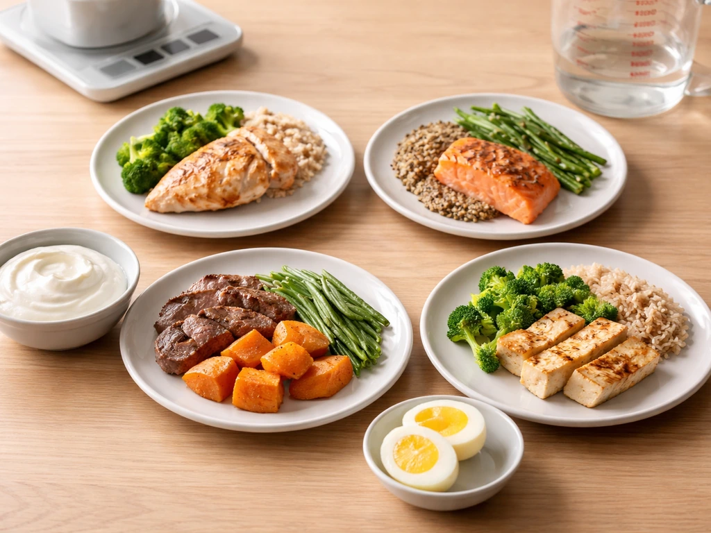 Four small protein-focused meal plates with a leucine-rich food highlight beside them on a wooden table.