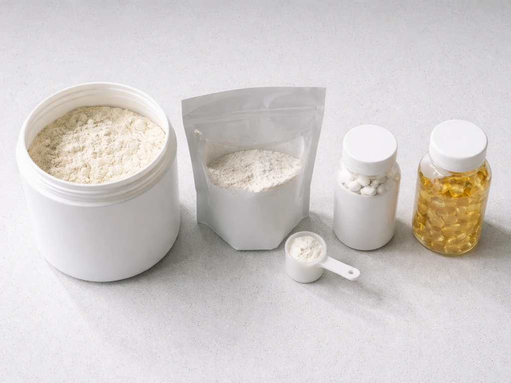 Overhead view of a simple row of supplement containers and powders on a clean countertop.