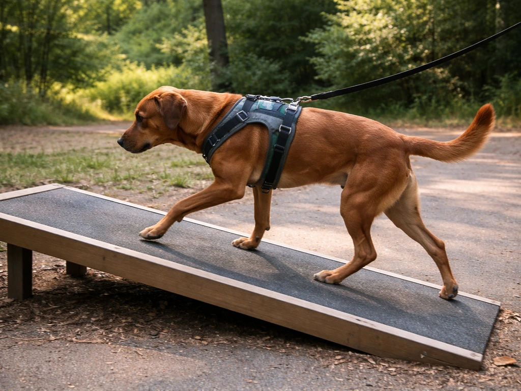 Brown dog walking on a gentle incline outdoors, harness and leash, training for muscle-building