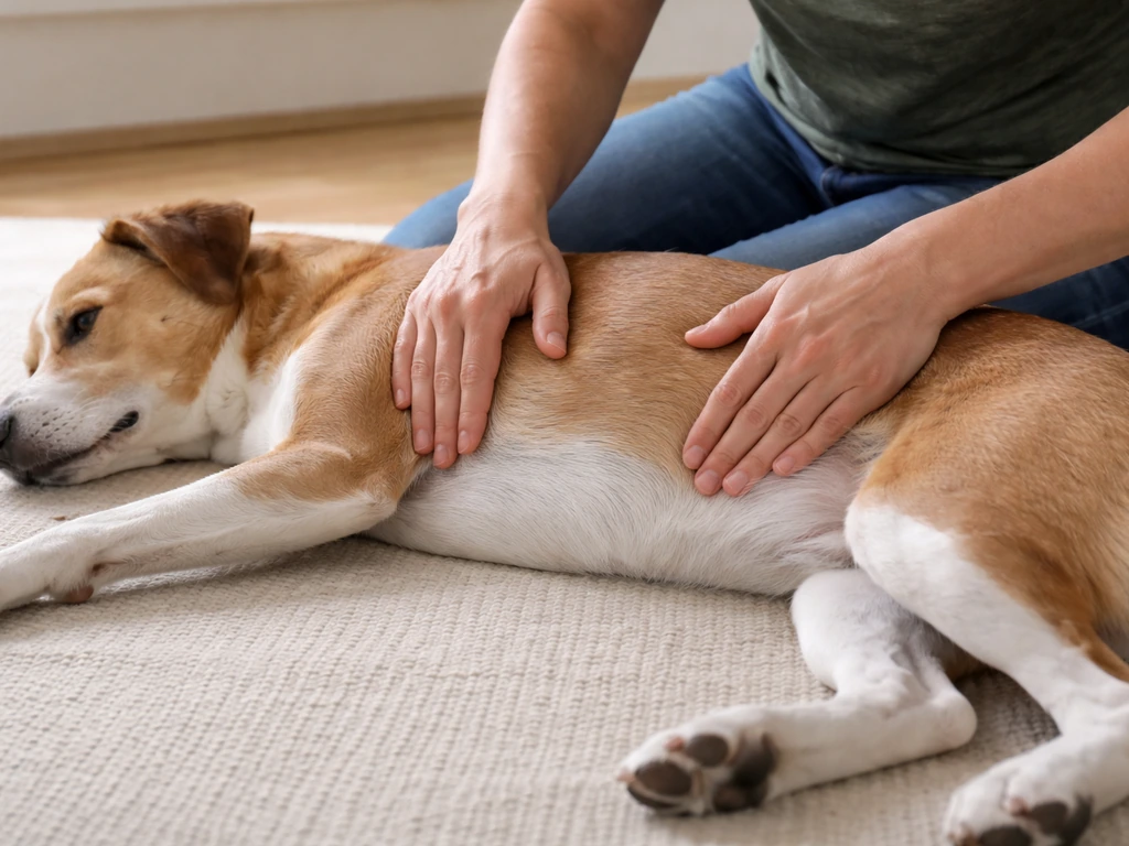 Dog owner gently palpating a dog’s ribs and waist to check body condition score baseline
