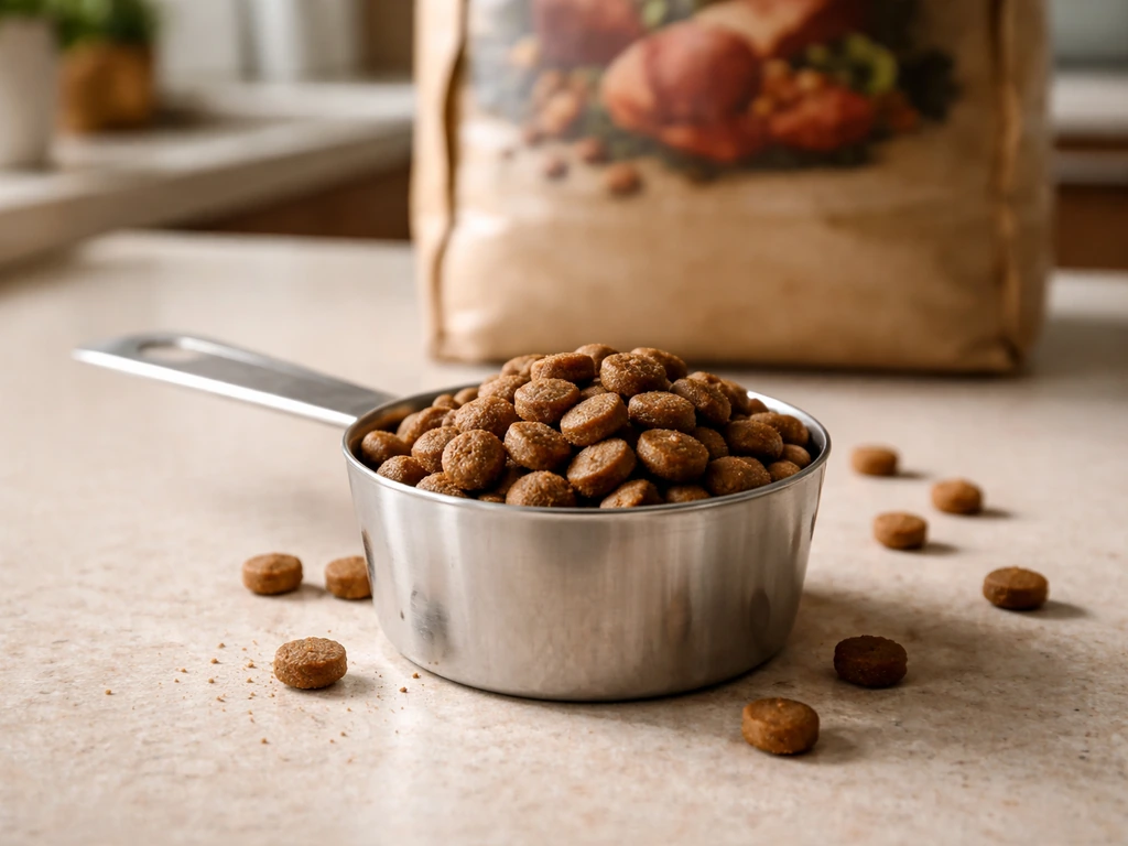 Close-up of a measuring scoop filled with dry dog kibble beside a plain kibble bag.
