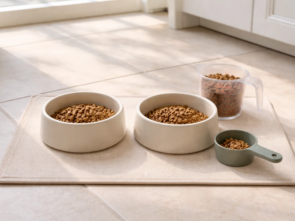 Measured dry kibble portions in two bowls with a scoop on a kitchen floor, natural light.