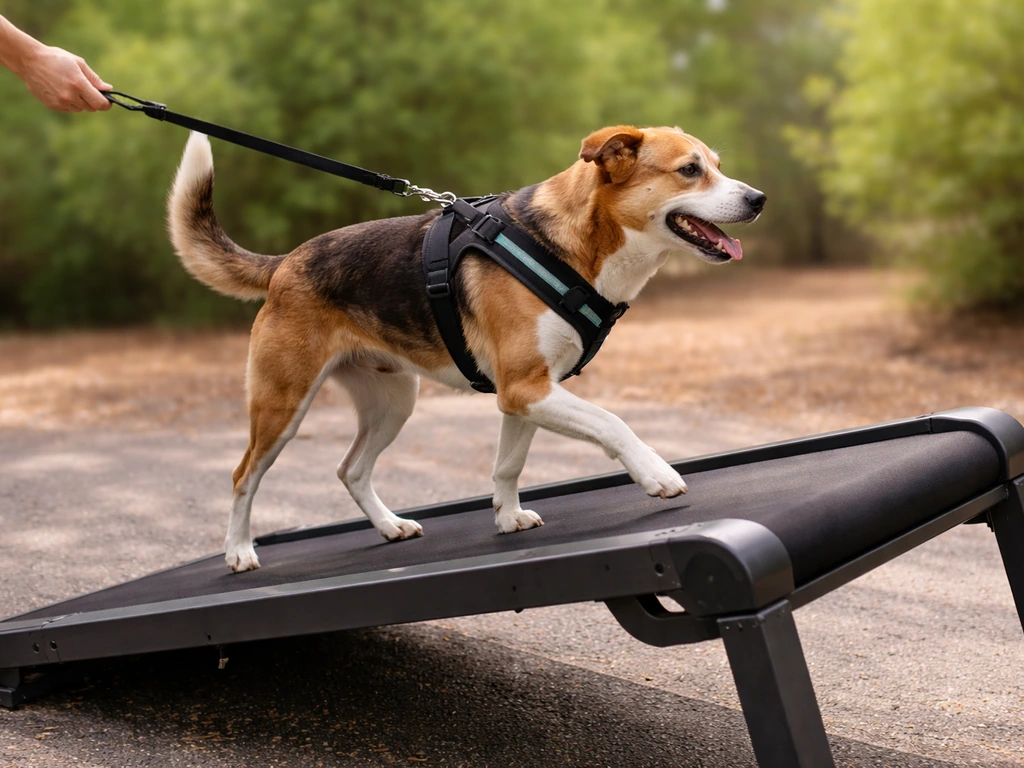 Dog walking on an incline outdoor track during a progressive-overload training session