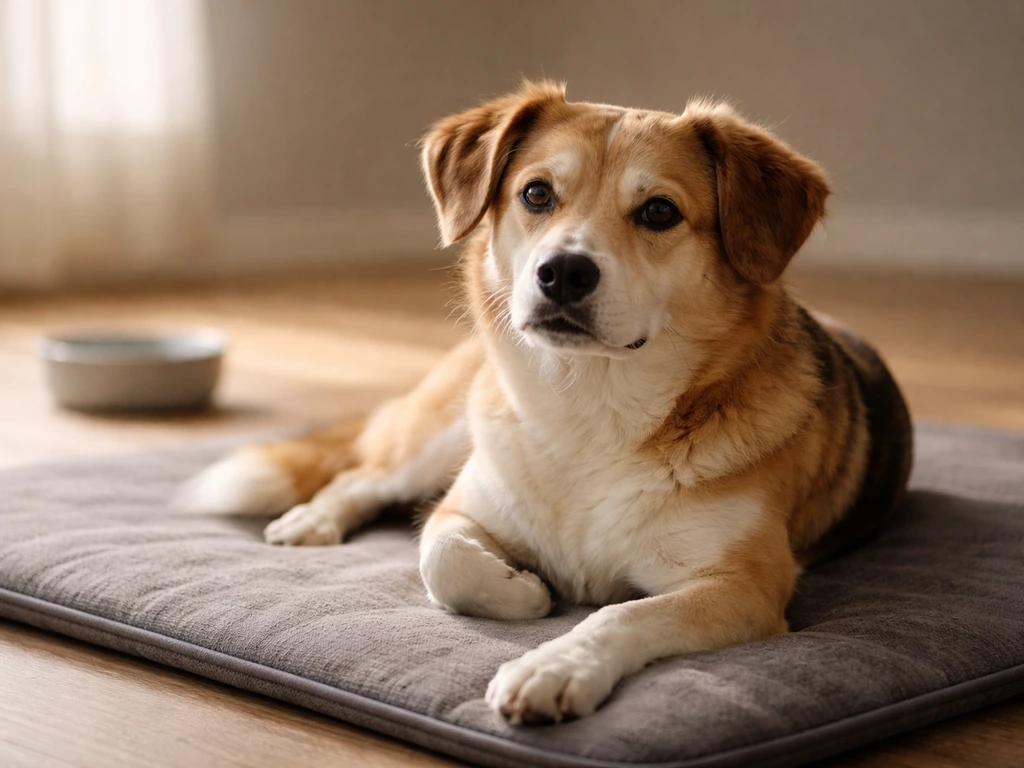 Calm dog resting on a mat indoors after training, conveying post-workout recovery.
