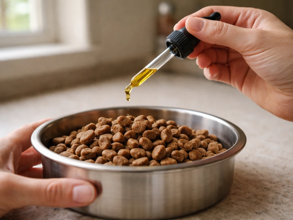 Hands drop omega-3 fish oil from a dropper into a spoonful of food in a simple bowl.