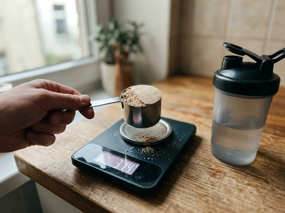 Protein scoop measuring 25–30g into a shaker with a kitchen scale