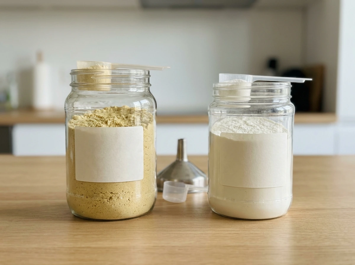 Whey concentrate and whey isolate powders side-by-side in scoops