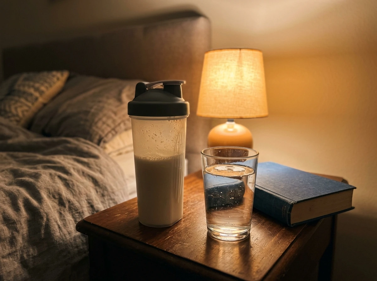 Casein for pre-sleep use: casein shake on bedside table