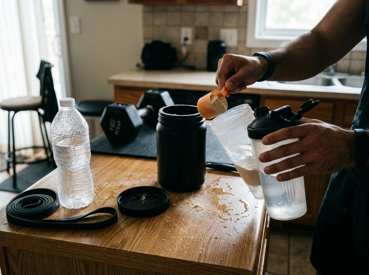 Workout window: whey shake prepared right after training with gym bottle