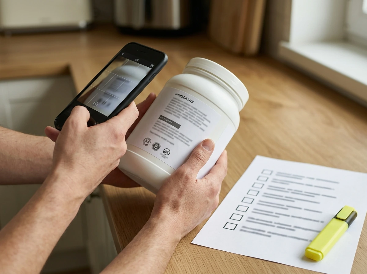 Reading a supplement label checklist on a tub