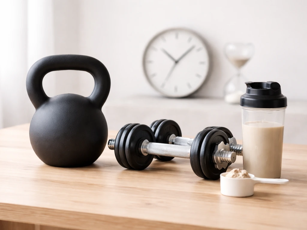 Kettlebell and dumbbells beside a shaker and an hourglass/clock on a wooden table.