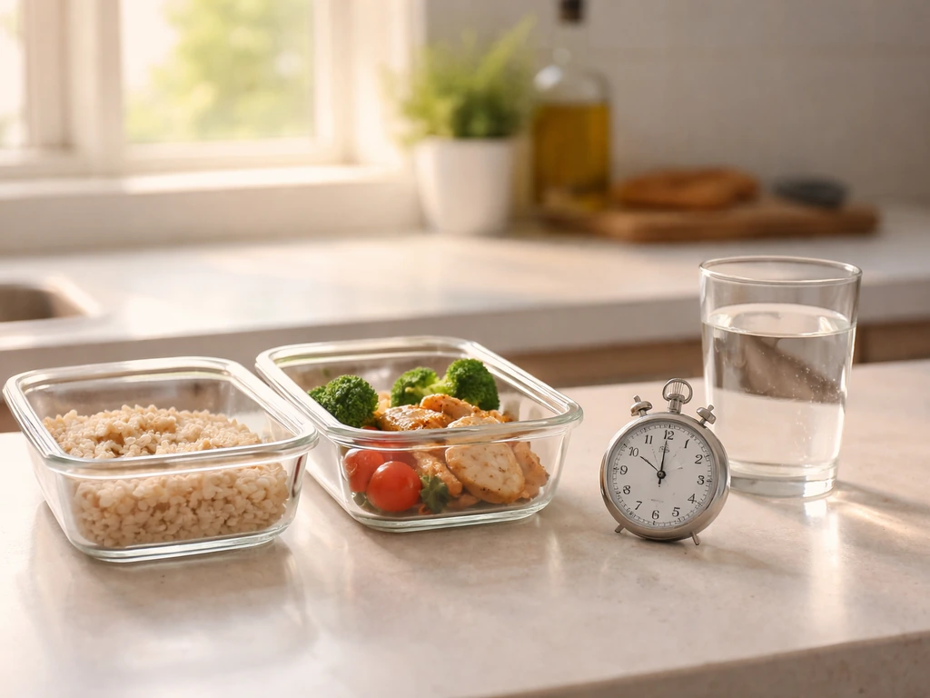 Close-up of a stopwatch beside meal prep containers on a kitchen counter during intermittent fasting.