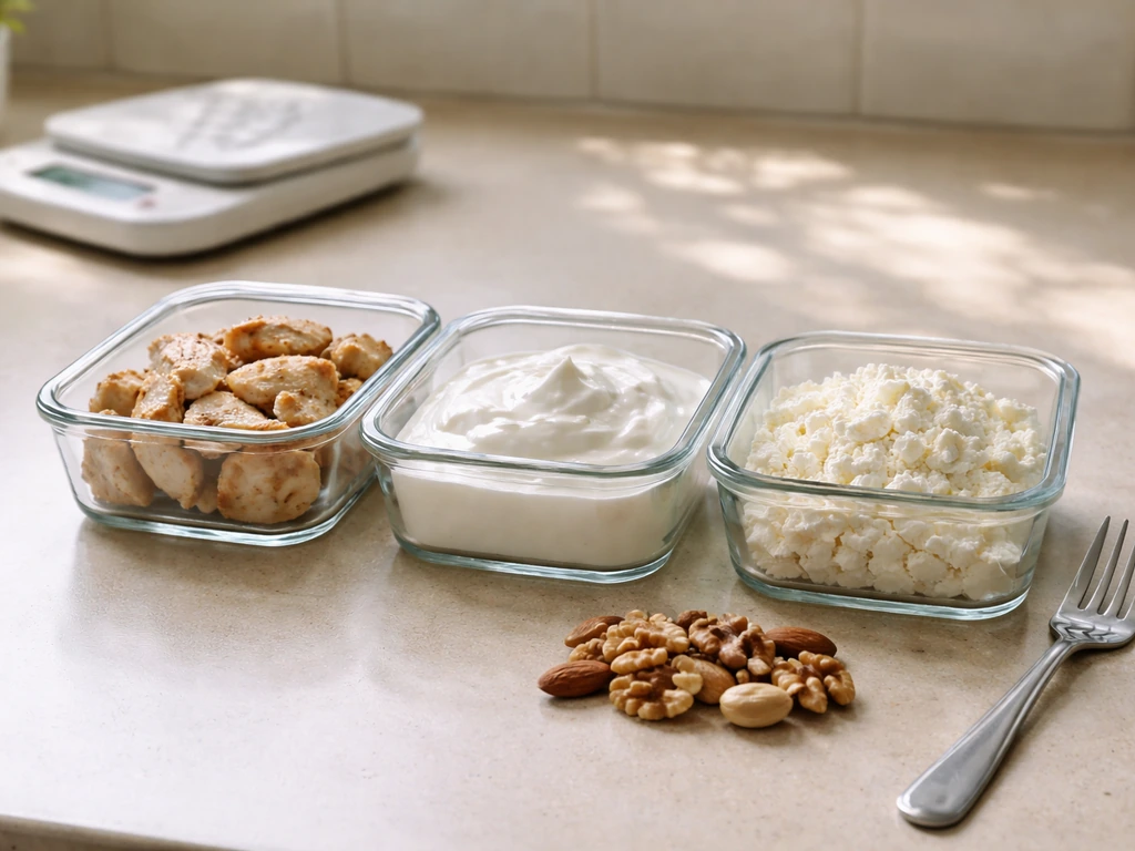 Three protein meal containers on a kitchen counter, suggesting distributing protein across a short fasting window.