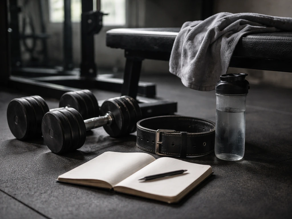 Minimal gym bench setup with dumbbells, towel, and water bottle suggesting fatigue and poor recovery.