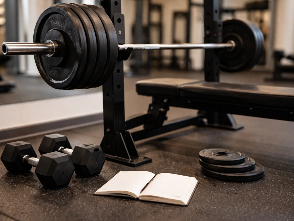 Barbell with added weight plates next to dumbbells and an open workout notebook, symbolizing progressive overload.