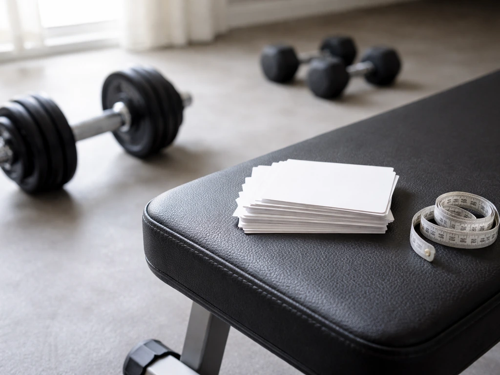 Minimal home-gym scene with dumbbells and a blank stack of workout cards suggesting weekly set volume.