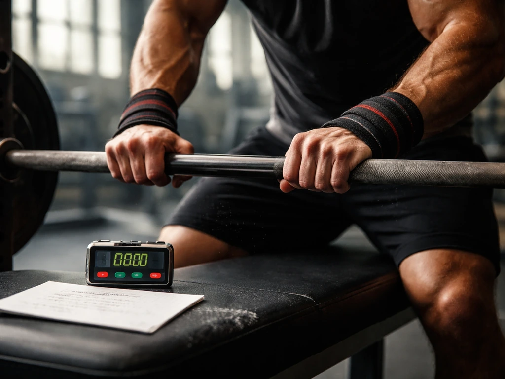 Close-up of an anonymous lifter at a gym bench with a handheld timer before starting a hard set
