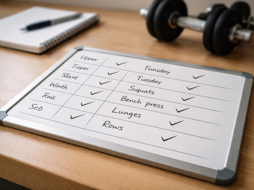 Close-up of a workout plan board showing a weekly Upper/Lower schedule with checkmarks.