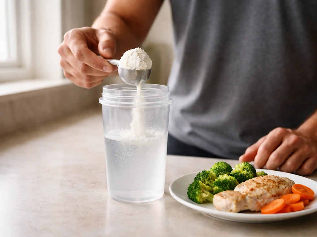 Hands pouring protein powder into a shaker beside a simple plate of chicken and vegetables.