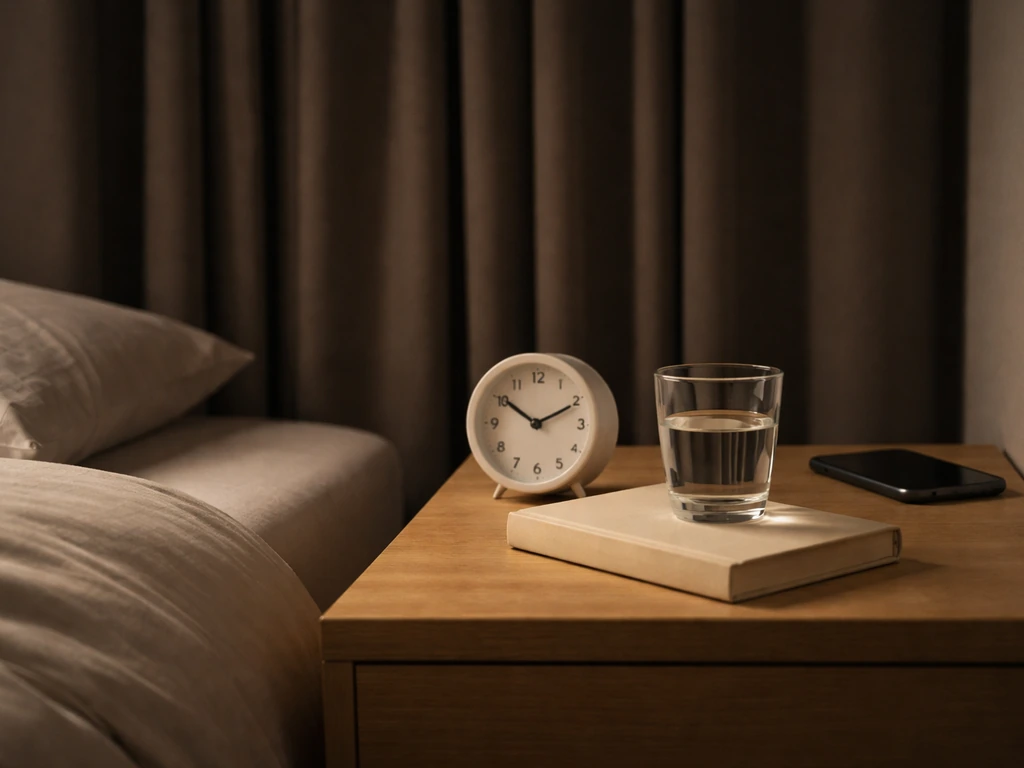 Tidy bedroom nightstand with an alarm clock, blackout curtains, and a phone placed out of reach