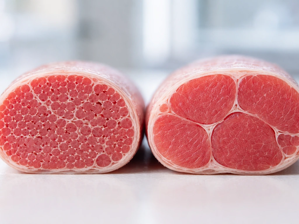 Close-up of two simple muscle cross-section models showing more fibers versus larger fiber size