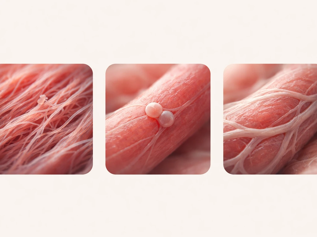 Three close-up muscle-cell inspired scenes suggesting protein buildup, satellite cell help, and extra contractile tissue