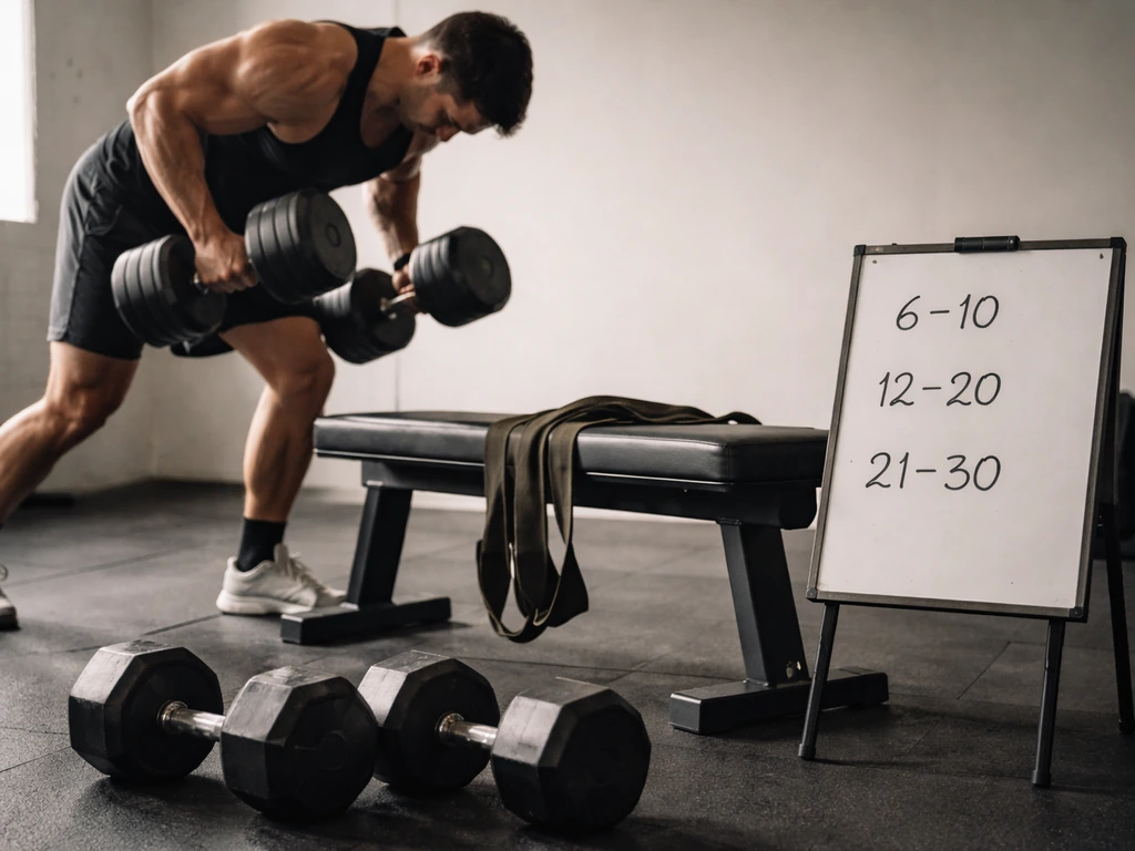 Close-up of an athlete lifting dumbbells with resistance bands in a minimal gym, multiple rep ranges shown on a nearby b