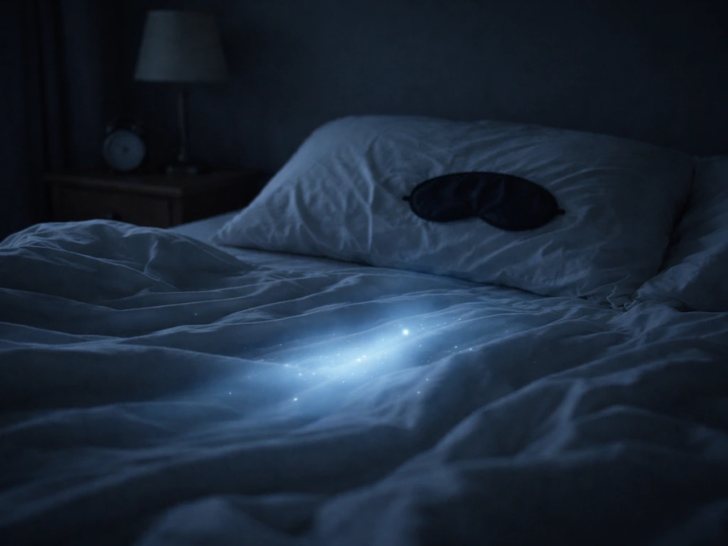 Dark bedroom sleep setup with a sleep mask on the pillow and a faint soothing glow suggesting night recovery.