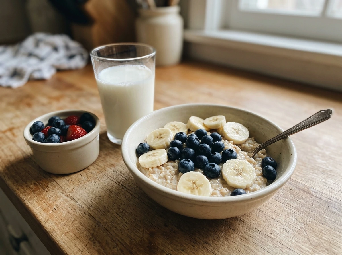 Bowl of oatmeal with berries and a glass of milk for training carbs and micronutrients
