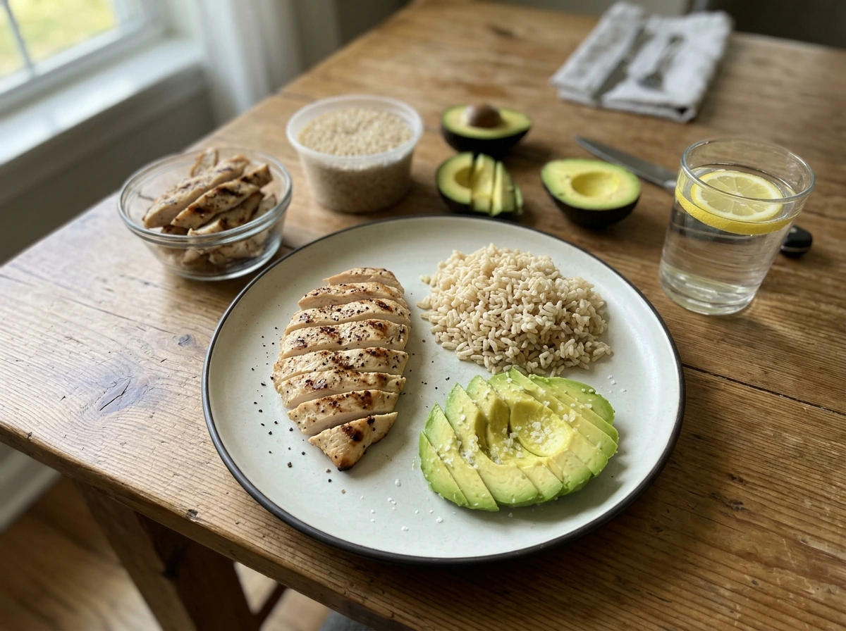 Two hands assembling a pre-workout plate with protein, carbs, and healthy fats
