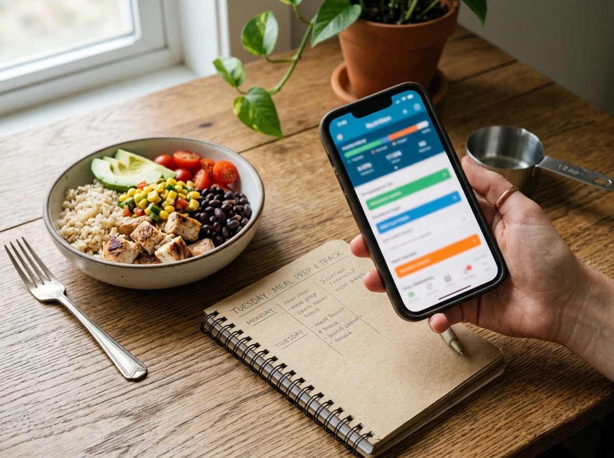 Simple tracking moment: phone screen showing calorie/protein targets with printed meal plan (no readable text)