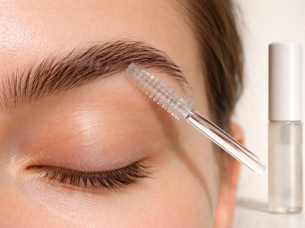 Close-up of eyebrows with a serum brush applying clear eyelash-serum to eyebrow hairs.