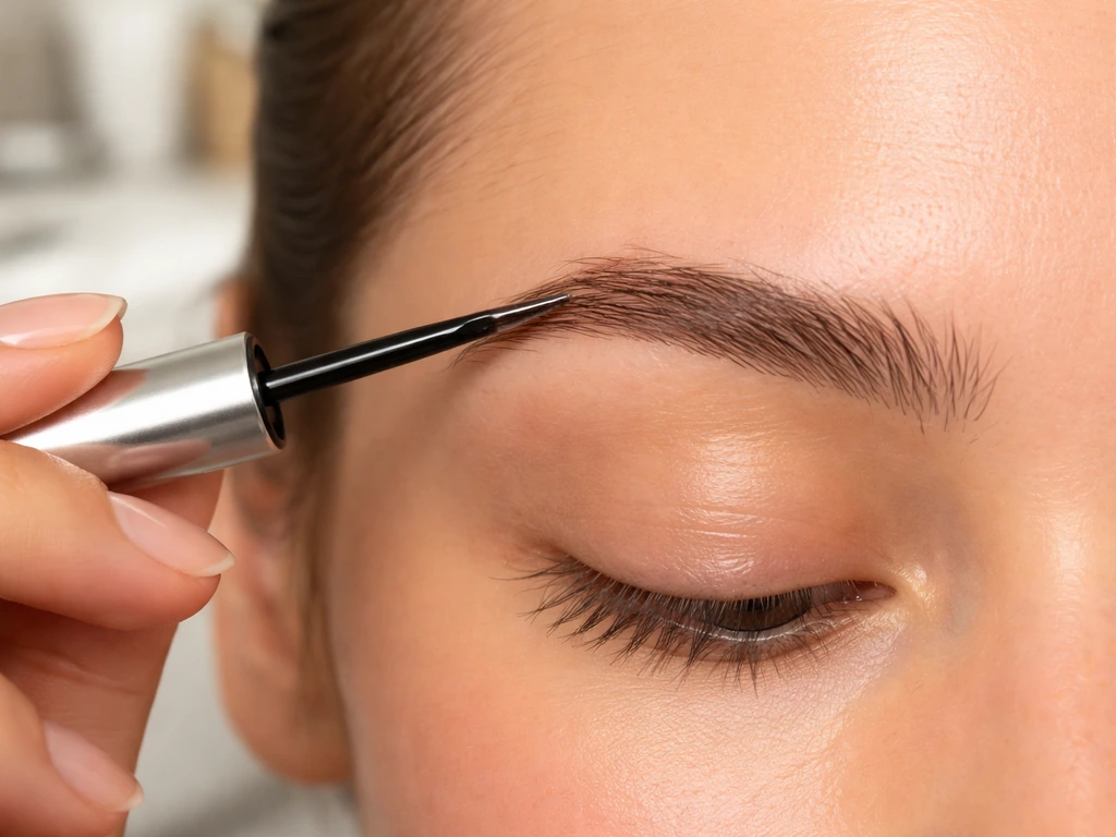 Close-up of a fine applicator placing a thin line of clear serum along a clean eyebrow.