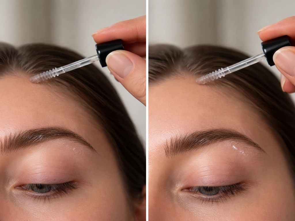 Minimal split-scene showing brow grooming mistakes: uneven application, product near eye, and skipping patch testing