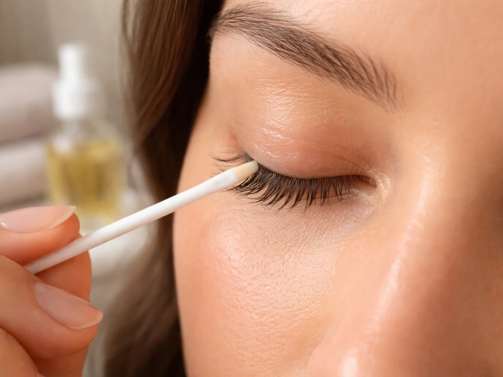 Close-up of a person gently applying almond oil to the lash line with a clean applicator