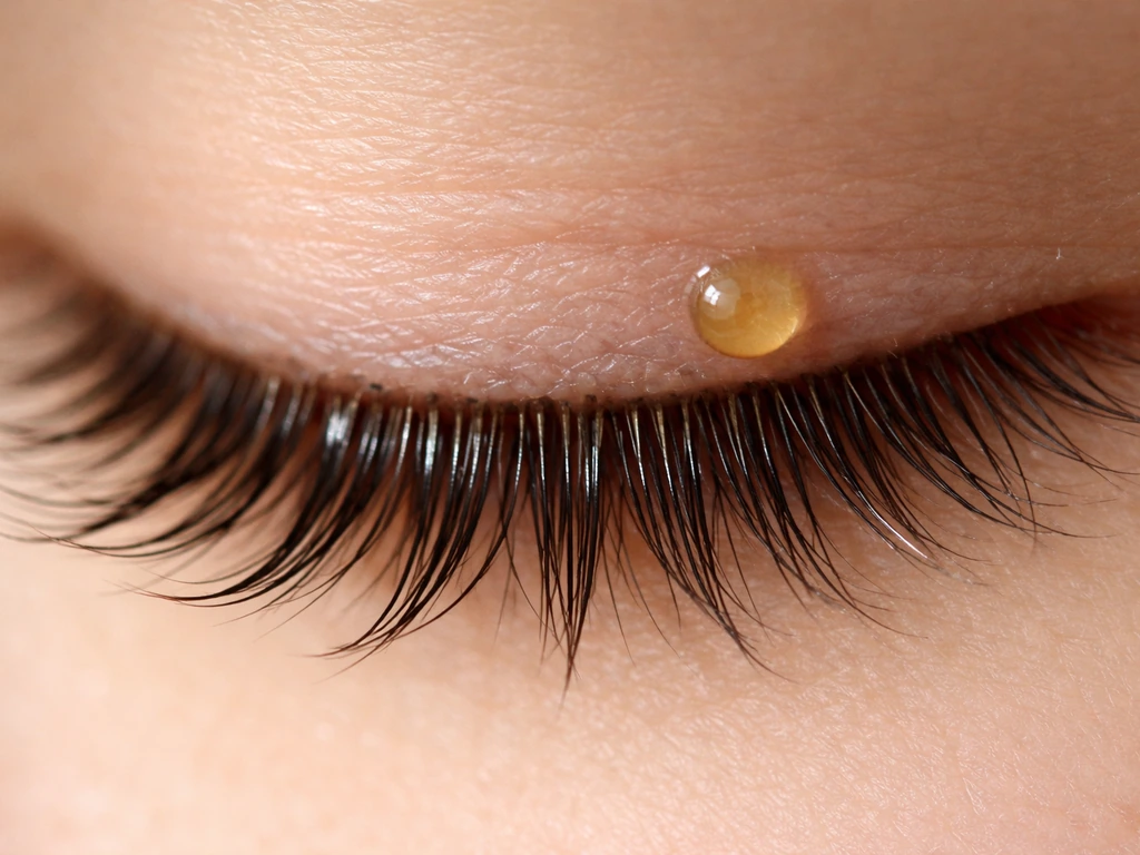 Close-up of a person’s eyelashes with almond oil drop and a subtle split vs length concept, no text.