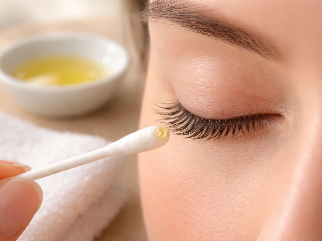 Closed eyelid lash line with a clean swab holding a tiny drop of sweet almond oil, oil kept off the eye